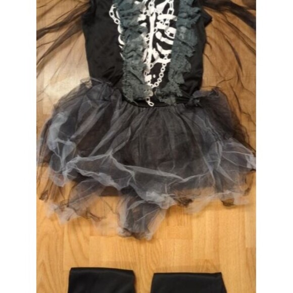 Grim Reaper Girl Large Kids Halloween Costume Skeleton Dress Cape Leggings - Picture 11 of 11